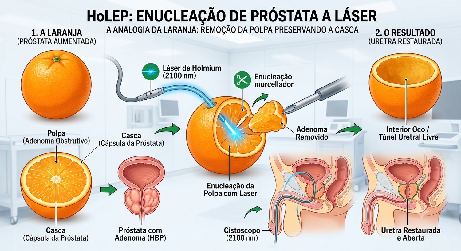 HoLEP explicado com a analogia da laranja: enucleação da próstata a laser