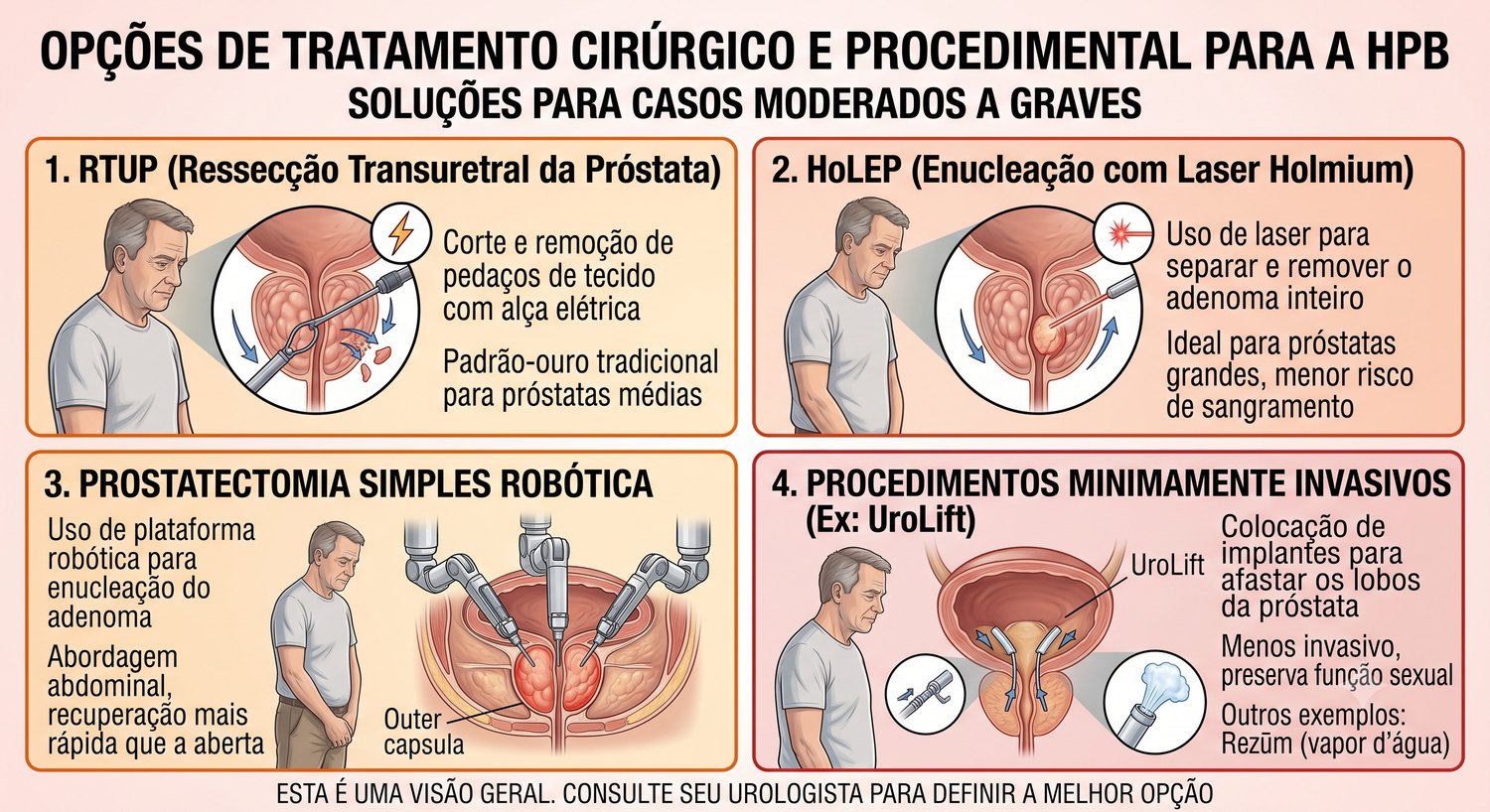 Infográfico: opções de tratamento da HBP — RTUP, HoLEP, robótica e minimamente invasivos