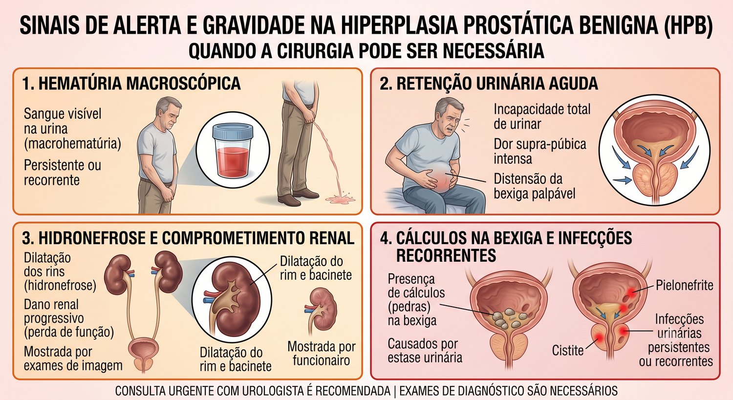 Infográfico: sinais de alerta e gravidade na HBP