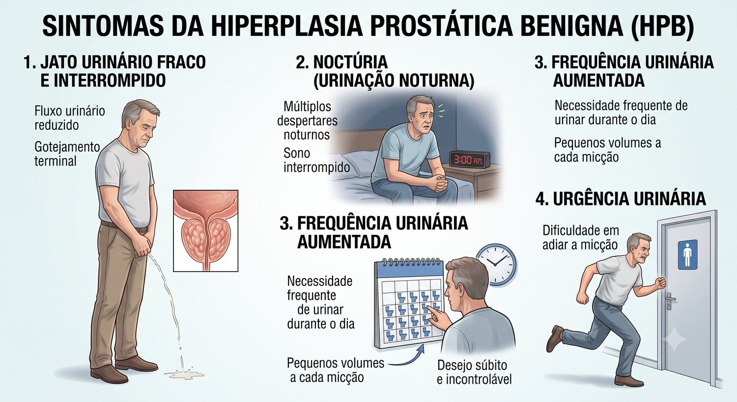 Infográfico: sintomas da HBP — jato fraco, noctúria, frequência e urgência